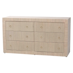 bali & pari Sage Natural Grasscloth Dresser - 6-Drawer Bedroom Storage Cabinet with Gold Ring Pulls, Modern Coastal Chest of Drawers